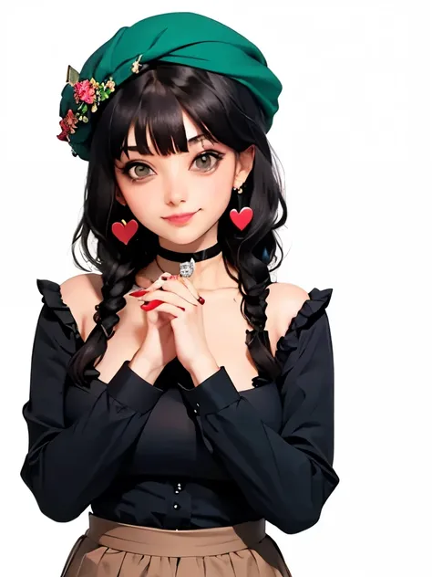 mayuzumi fuyuko, 1girl, solo, black hair, hat, jewelry, long hair, looking at viewer, bangs, earrings, skirt, white background, smile, shirt, simple background, heart earrings, long sleeves, heart, black headwear, black shirt, frilled choker, breasts, brow...