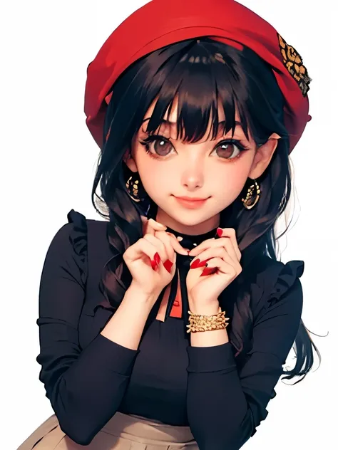 mayuzumi fuyuko, 1girl, solo, black hair, hat, jewelry, long hair, looking at viewer, bangs, earrings, skirt, white background, smile, shirt, simple background, heart earrings, long sleeves, heart, black headwear, black shirt, frilled choker, breasts, brow...