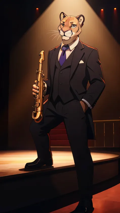 a humanoid cougar playing tenor sax, wearing a suit and tie, dress pants, on a stage, cinematic HD high definition image, detailed furry texture, detailed facial features, photorealistic, professional lighting, dramatic lighting, intricate details, ultra-d...