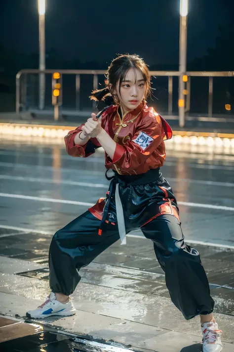 (((Highest quality, 8k, masterpiece:1.3)), 1girl, Fighter pose, (( futuristic full-body Kung Fu Clothing)), Flowing water movement, Sharp Eyes, Toned Body, red, ponytail, track pants, kungfu-styled jacket