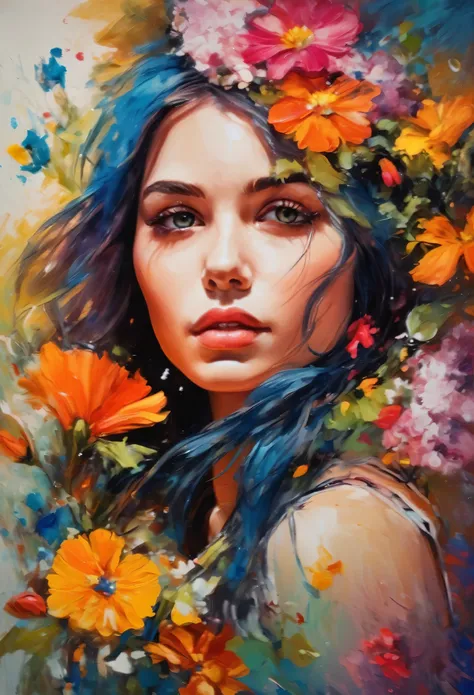 girl in flowers, colorful, oil painting, insane colors, oil colors, high quality, high detail