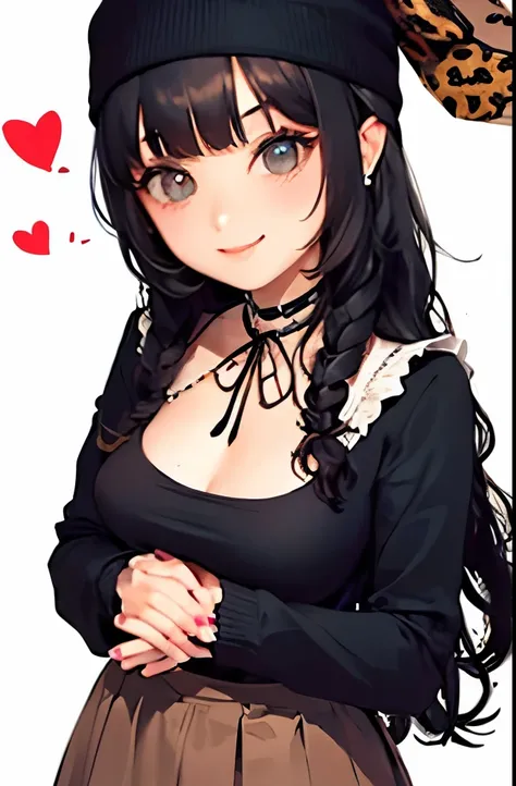 mayuzumi fuyuko, 1girl, solo, black hair, hat, jewelry, long hair, looking at viewer, bangs, earrings, skirt, white background, smile, shirt, simple background, heart earrings, long sleeves, heart, black headwear, black shirt, frilled choker, breasts, brow...