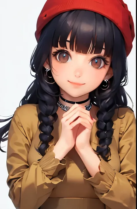 mayuzumi fuyuko, 1girl, solo, black hair, hat, jewelry, long hair, looking at viewer, bangs, earrings, skirt, white background, smile, shirt, simple background, heart earrings, long sleeves, heart, black headwear, black shirt, frilled choker, breasts, brow...