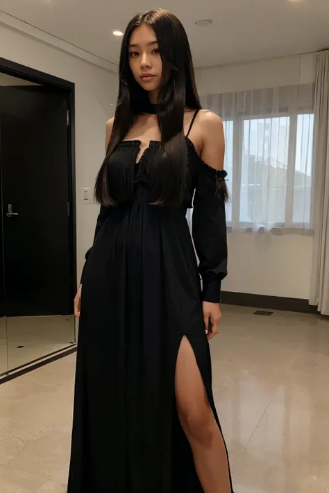 dark skin east asian teen woman, long straight hair, black long dress, standing (all body), fringe hair