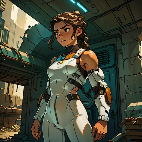 (Caucasian teenager), 1, brown eyes, (wavy brown hair), (hair tied back), medium hair, small breasts. She wears a white sci-fi suit, bare shoulders, solo, interior of a destroyed futuristic shelter, ruins, HD