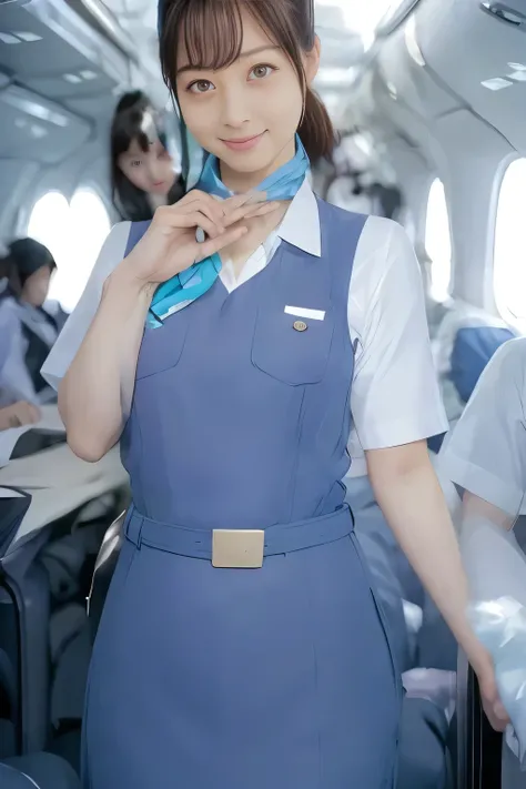 (masterpiece:1.2, Best Quality:1.2), 32K HDR, High resolution, (Alone、1 girl)、(On the roof of a building during the day、Professional Lighting)、Building rooftop background、(Real style wearing Japan air system cabincrew uniform blue)、((Japan Air System cabin...