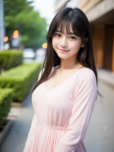 (Best-quality, Masterpiece, Ultra-High-Resolution, (Photorealistic:1.4), Raw Photo, depth of field, professional lighting, perfect anatomy, extremely details), 1girl, the most famous 15-years-old Japanese-idol, (((wearing the most realistic light-pink-casu...