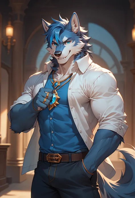 (solo), ((anthro male, (wolf), blue fur)), blue eyes, casual attire, wolf tail, short sleeves, warrior, white collared undershirt, blue clothes, black pants, gold trimming, powerful, strong, standing pose, close-view portrait, short hair, blue hair, white ...