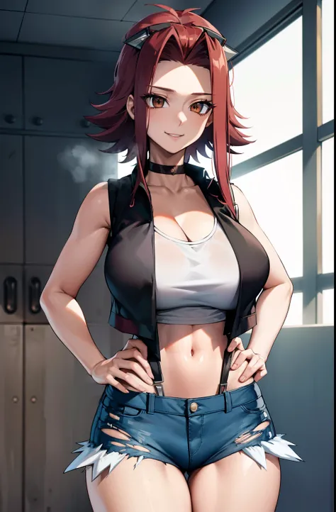 Perfect CG unity 8K UHD wallpaper, Perfect CG unity 8K UHD wallpaper, aki1, izayoi aki, short red hair, solo, mature woman, tall, choker, huge breasts, cowboy shot, smiling facial expression, thighs, standing, perfect masterpiece, best quality, best resolu...