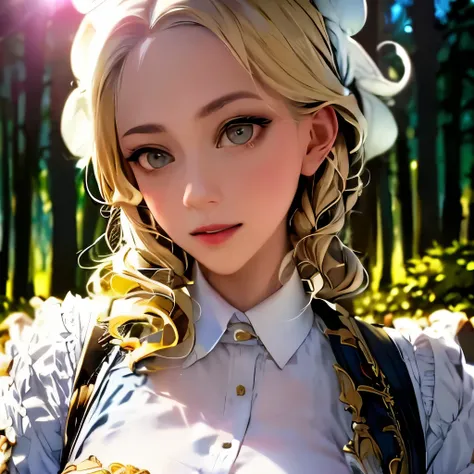 closeup portrait, sexy SSblonde hair, parted lips, lips, casual dress, looking at viewer, forest background, sunset lights, realistic