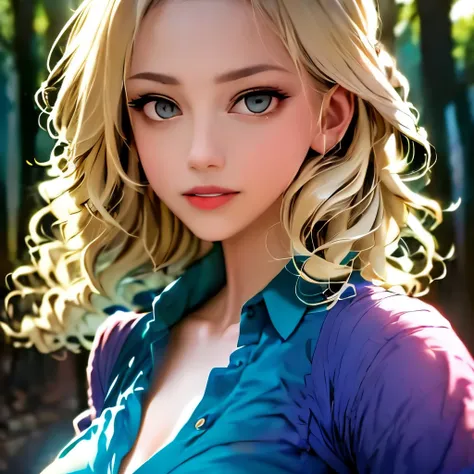 closeup portrait, sexy SSblonde hair, parted lips, lips, casual dress, looking at viewer, forest background, sunset lights, realistic