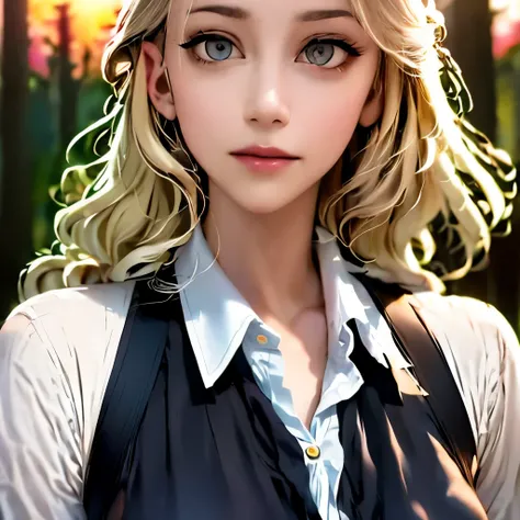 closeup portrait, sexy SSblonde hair, parted lips, lips, casual dress, looking at viewer, forest background, sunset lights, realistic