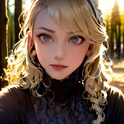 closeup portrait, sexy SSblonde hair, parted lips, lips, casual dress, looking at viewer, forest background, sunset lights, realistic