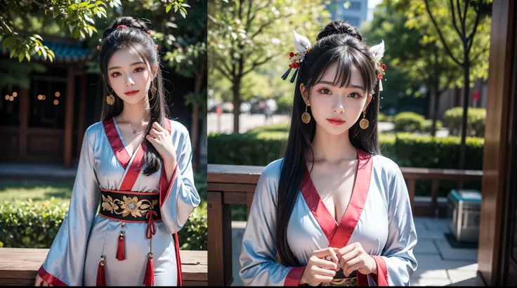 masterpiece, Best Quality, One girl, Alone, Long Hair, View your viewers, smile, bangs, hair ornament, Red eyes, Long sleeve, dress, Standing, collarbone, Gray Hair, Grey Hair, Alternate Costume, Wide sleeves, tree, Chinese clothing, hairpin, Hanfu, Ninggu...