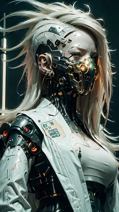 1girl, a beautiful girl cyborg cyberpunk with a cyberpunk city tall buildings, white hair, cybermask, white and orange and black...