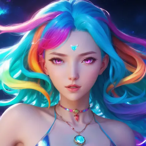 close-up of a woman with colorful hair and necklace, anime girl with cosmic hair, rossdraws' soft vitality, guvez style artwork,...