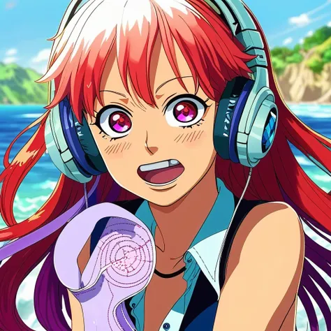 uta (one piece), oda eiichirou,, , 1girl, :d, bangs, blue ribbon, diamond-shaped pupils, diamond (shape), hair between eyes, headphones, long hair, multicolored hair, open mouth, purple eyes, red hair, ribbon, shirt, signature, sleeveless, sleeveless shirt...