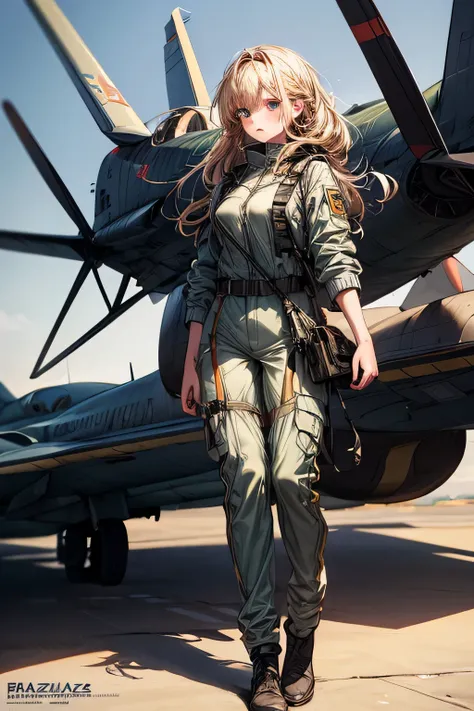 (masterpiece), best quality, expressive eyes, perfect face((best quality)), ((masterpiece)), (detailed), perfect face, airforce jumpsuit, standing, full body, front view, European, blonde, dark green uniform, jetfighter plane background,amazing sapraizz, d...