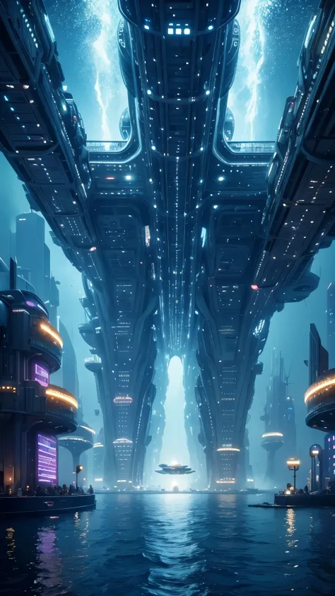 A large, futuristic city adorned with twinkling lights was floating beneath the ocean. People were looking outside and staring at the underwater city in amazement.