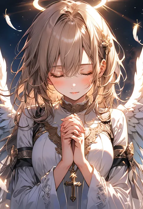 beautiful girl,Angel,Feather,Praying,Holding hands,Eyes closed