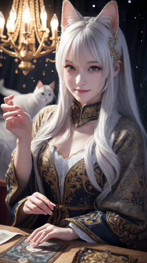 
(masterpiece, highest quality, highest quality, official art, beautiful and aesthetic: 1.2), (one girl: 1.3), wavy long hair, white hair, Cat ears on the head,highly detailed portrait, highly detailed hands, looking at the viewer, alone, (whole body: 0.6)...