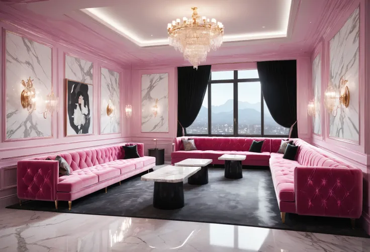((There are no windows)). ((Nightclub)),(There are pink velvet box sofas and several tables.) Champagne glasses on the table, (White marble walls, White marble floor, Soft pink lighting, Woman photo art on the wall,) Dimly lit room, black design,luxury mat...