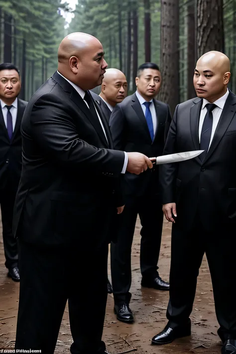 they both wore black ties, fat chinese mature bald round-faced middle-aged man fiercely fighting with security guards with a kni...