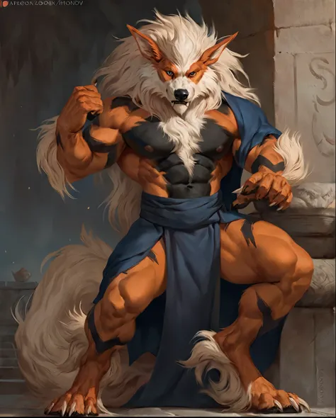 arcanine, comic book style, illustration, solo, ferocious, male, [[masculine pose]], monk, robes, masterpiece, best art, full body, by laobai, by taran fiddler, by honovy, detailed eyes, detailed body, claws, masculine body shape, fantasy, tall, topless, p...