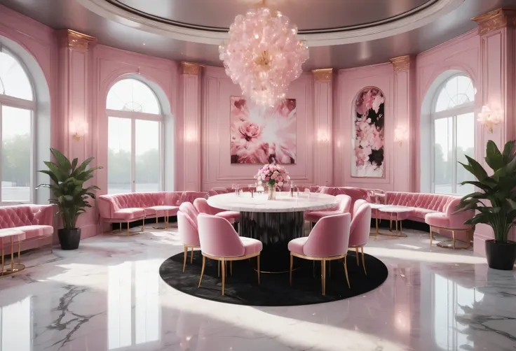 ((there are no windows)).
((nightclub)),(there are pink velvet box sofas and several tables,)
champagne glasses on the table,  
...