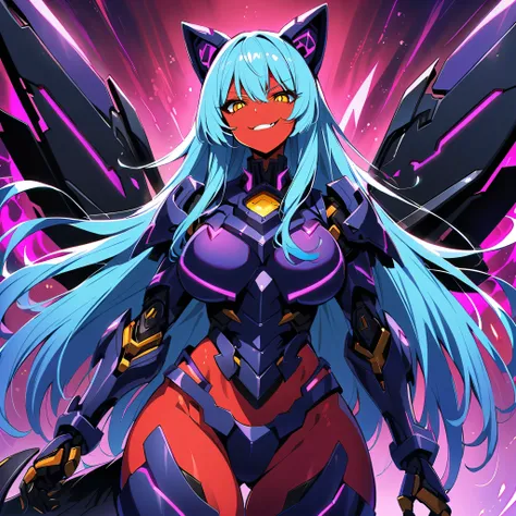 Anime, high detailed, 1 woman, blue hair, bangs, long hair, indigo mecha armor, large mechanical wings, mechanical cat ears, evil grin, large clawed Gauntlet, red skin, curvy body, long mechanical tail,black sclera、Colored sclera、crimson Colored skin、Yello...