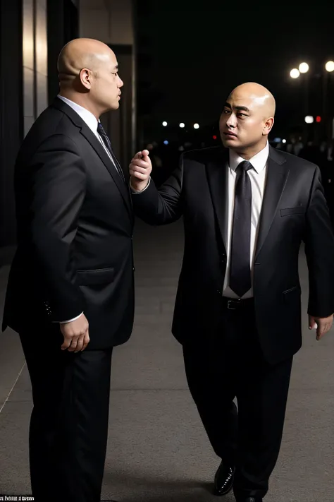 They both wore black ties, Fat Chinese mature bald round-faced middle-aged man and security guard hit each other&#39;s stomach fiercely in the forest