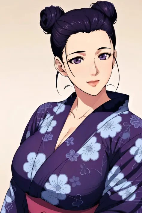 Simple Background,White Background,
purple kimono,floral print,japanese clothes,wide sleeves,long sleeves,
cleavage,
purple eyes, black hair,bangs,hair bun,
1 girl,Young female,Beautiful long legs,Beautiful body,
Beautiful Nose,Beautiful character design,...
