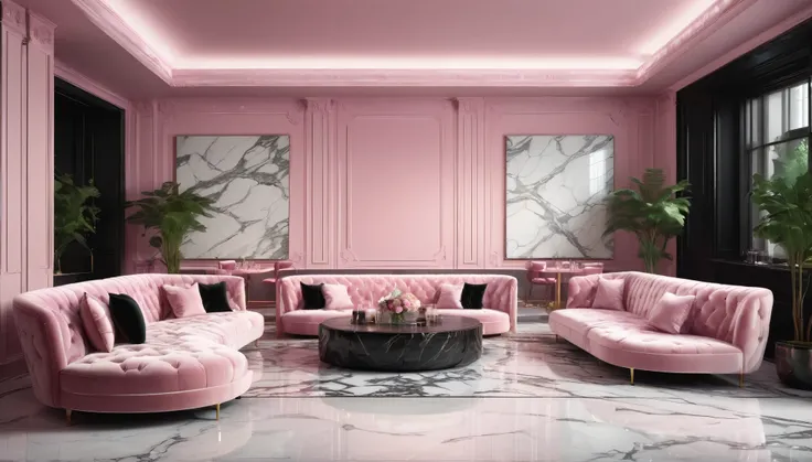 ((no windows)),
((Nightclub)),(There are pink velvet box sofas and several tables,)
Champagne glasses on the table,  
((White marble walls, White marble floor, Soft pink lighting, Floral art on the wall,))
Dimly lit room, 
black design,luxury materials, sp...