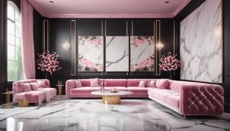 ((no windows)),
((Nightclub)),(There are pink velvet box sofas and several tables,)
Champagne glasses on the table,
((White marble walls, White marble floor, Soft pink lighting, Floral art on the wall,))
Dimly lit room,
black design,luxury materials, sp...