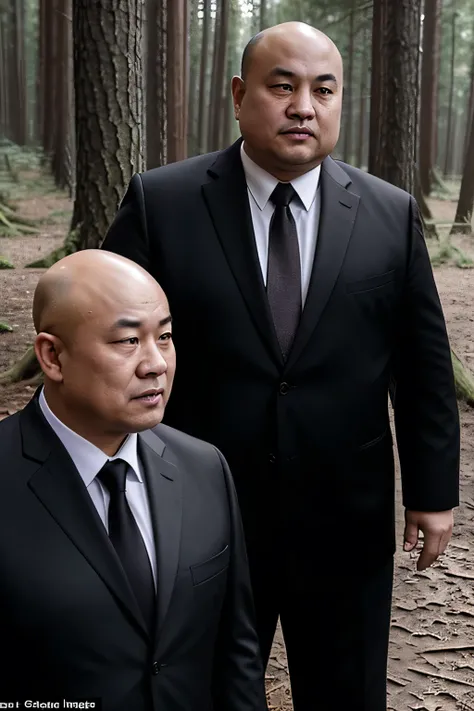 They both wore black ties, Fat Chinese mature bald round-faced middle-aged man fighting with security guard in the forest