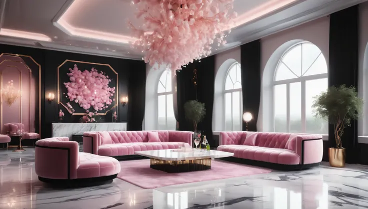 ((no windows)),
((Nightclub)),(There are pink velvet box sofas and several tables,)
Champagne glasses on the table,
((White marble walls, White marble floor, Soft pink lighting, Floral art on the wall,))
Dimly lit room,
black design,luxury materials, sp...