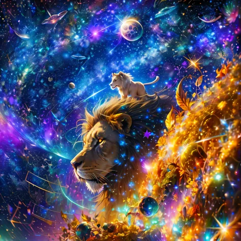 A lion with glowing eyes, floating in space, surrounded by stars, nebula, and cosmic dust, digital art, concept art