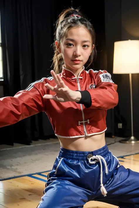 (((Highest quality, 8k, masterpiece:1.3)), 1girl, Fighter pose, (( futuristic Kung Fu Clothing)), Toned Body, red, ponytail, track pants, kungfu-styled jacket