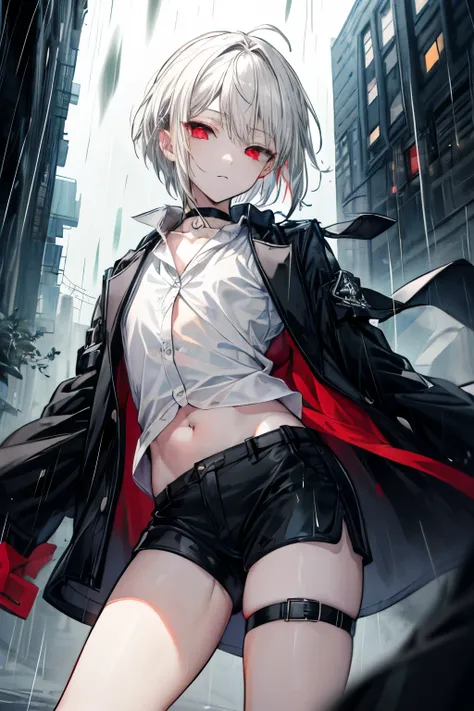 ((Best quality)), ((masterpiece)), (detailed), Perfect face, Alone, (((1 BOY))), ((Shota)), anime, beautiful detailed eyes, Night City, (((DRESS shirt))), black jacket, ((black shorts)), BOB HAIR, WHITE HAIR, just play, Thigh Strap, rain, Choker, bare thig...