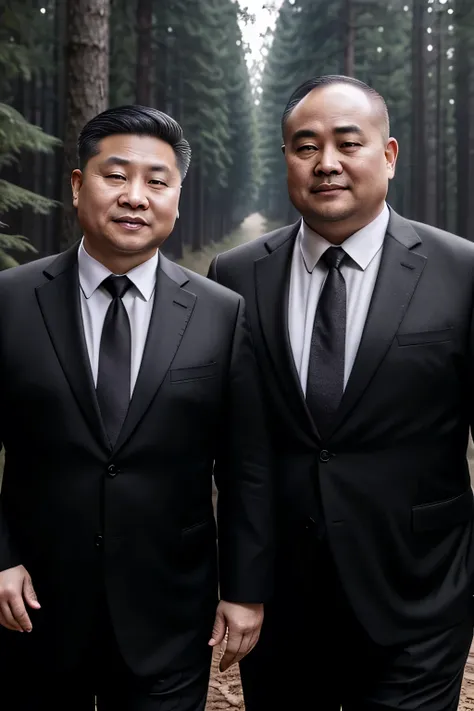 they both wore black ties, fat chinese mature bald round face middle-aged man in the forest，cover belly with hands