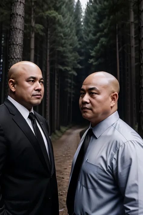 They both wore black ties, Fat Chinese mature bald round-faced middle-aged man fighting in the forest