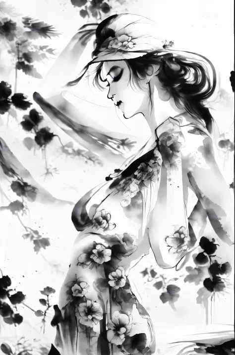 black and white tones, masterpiece, best quality, tradition chinese ink watercolor paintings, use thick and light inks to create...