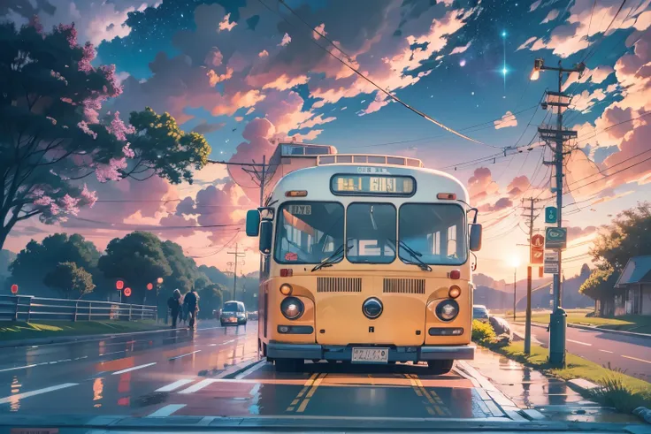 bus stop，comics， bright starry sky. Romantic bus passing through body of water on road，high saturation，Bright colors， Xin Haicheng&#39;s pictures, pure, concept art, Lofi Art style, reflection. author：Xin Haicheng, Lofi Art, Beautiful anime scene, anime sc...