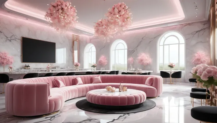 ((no windows)),
((Nightclub)),
(Pink velvet box sofa and table,Pink velvet stools and table,)
Champagne glasses on the table,
((White marble walls, White marble floor, Soft pink lighting, Floral art on the wall,))
Dimly lit room,
black design,luxury mat...