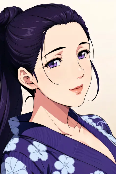 Simple Background,White Background,
purple kimono,floral print,japanese clothes,wide sleeves,long sleeves,
cleavage,
purple eyes, black hair,bangs,hair bun,
1 girl,Young female,Beautiful long legs,Beautiful body,
Beautiful Nose,Beautiful character design,...
