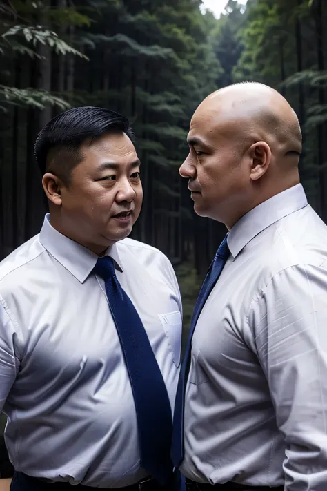 Two people wearing white shirts，Dark blue tie，Fat Chinese mature bald round-faced middle-aged men not wearing suits fighting in the forest，Hit the abdomen