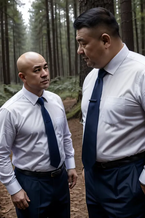 Two people wearing white shirts，Dark blue tie，Fat Chinese mature bald round-faced middle-aged men not wearing suits fighting in the forest，Hit the abdomen