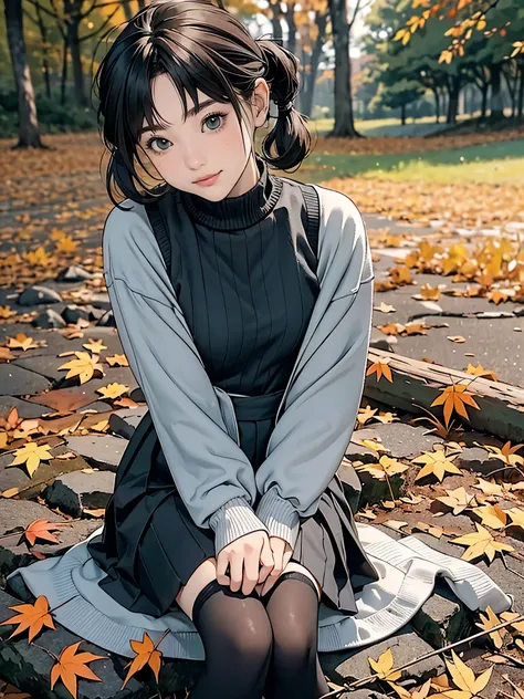 Create an green scene where a beautiful young dark gray-eyed Japanese young highschool girl .silver color highlight dark ash brown color hair,Short twin tail hairstyle、Light brown gothic fashion、Knee-high socks、Sitting、The background is empty and shadowy
、...