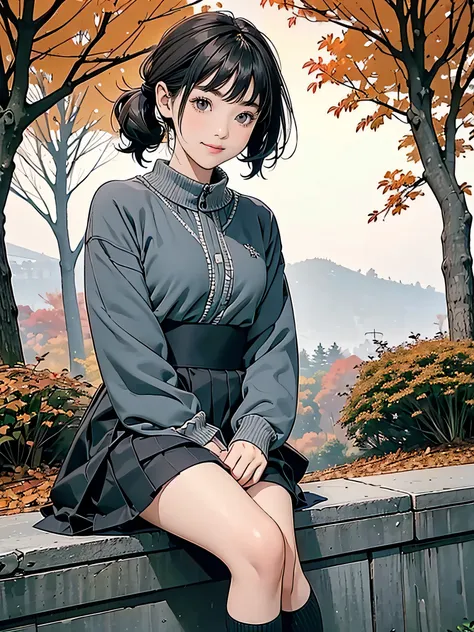 create an green scene where a beautiful young dark gray-eyed japanese young highschool girl .silver color highlight dark ash bro...