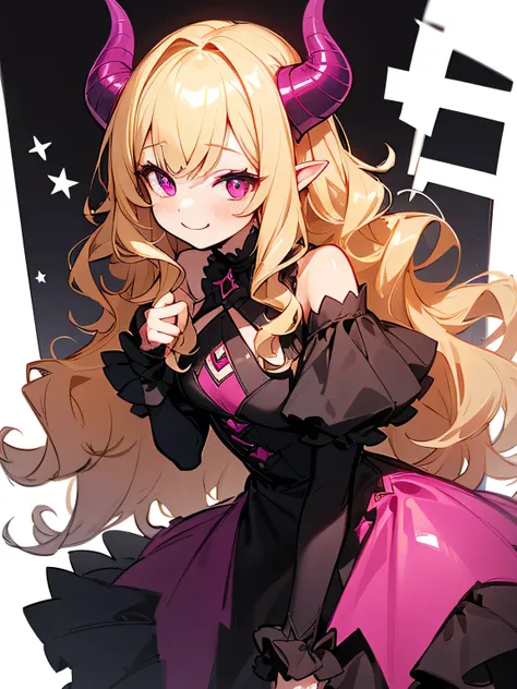 Alone,upperbody,blonde wavy curly hair,pink shiny eyes,devil horns,offshoulder,black gothic succubus dress、Succubus、Halloween、Halloweenナイト、Enchanting chest、（I am the star:1.3）、sexy smile,Temptation image、(manga style),(sketch),(illustration),